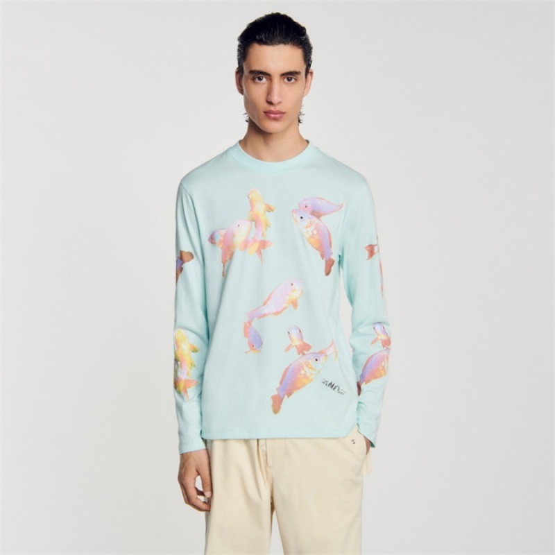 Sandro Fish T-shirt Mint Blue | SN-SDO65094