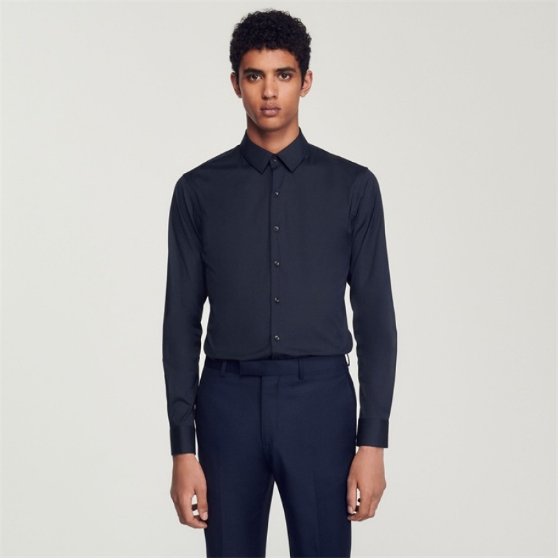 Sandro Fitted stretch cotton shirt Navy Blue | SN-SDO65055