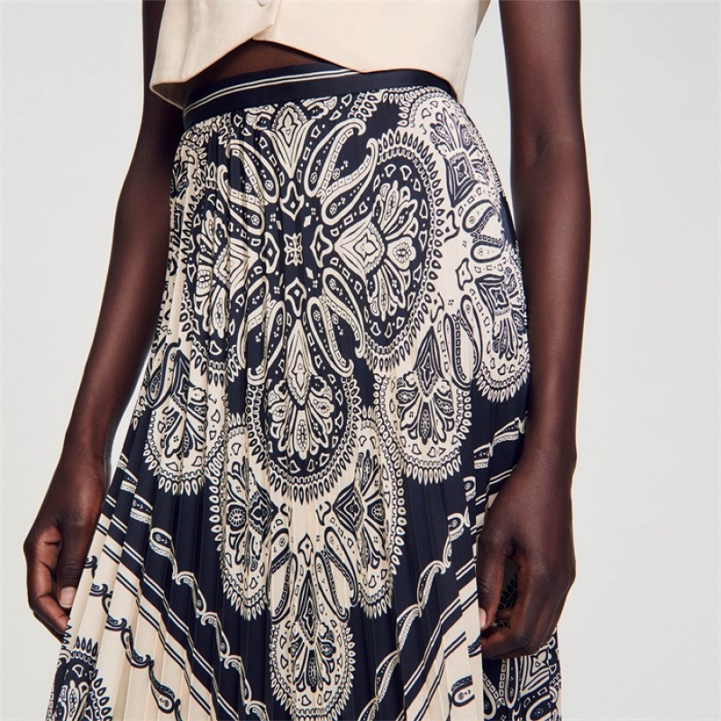 Sandro Floaty bandana-print maxi skirt Beige / Navy | SN-SDO64744