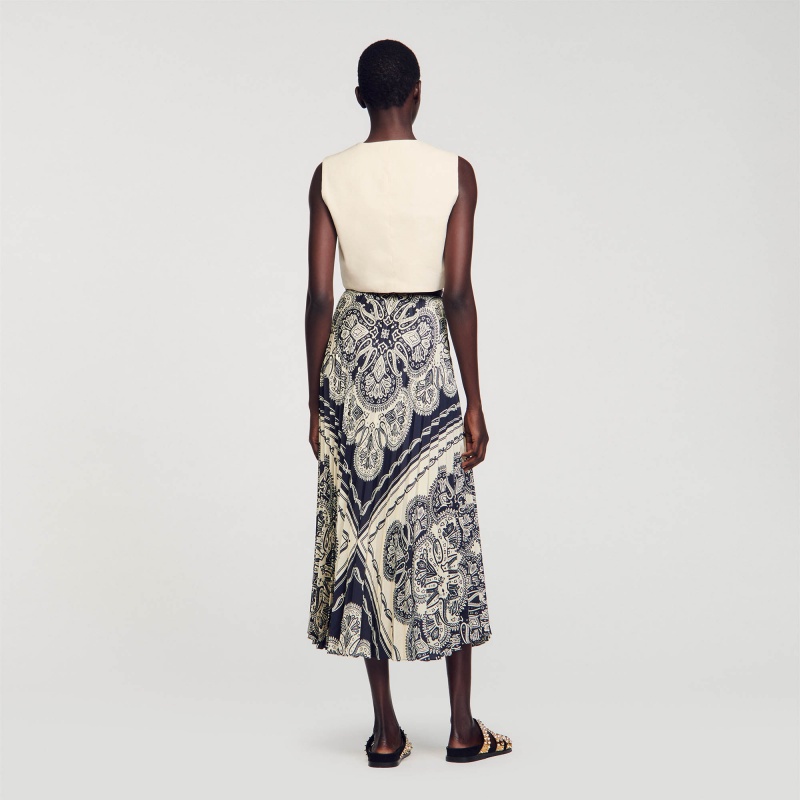 Sandro Floaty bandana-print maxi skirt Beige / Navy | SN-SDO64744