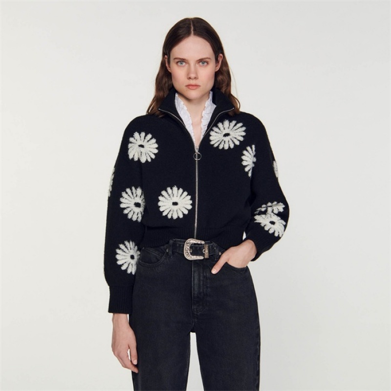 Sandro Floral trucker-style sweater Black | SN-SDO64554