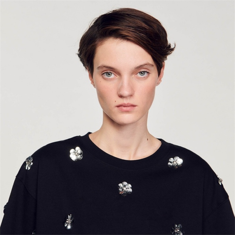 Sandro Flower sequin T-shirt Black | SN-SDO64422