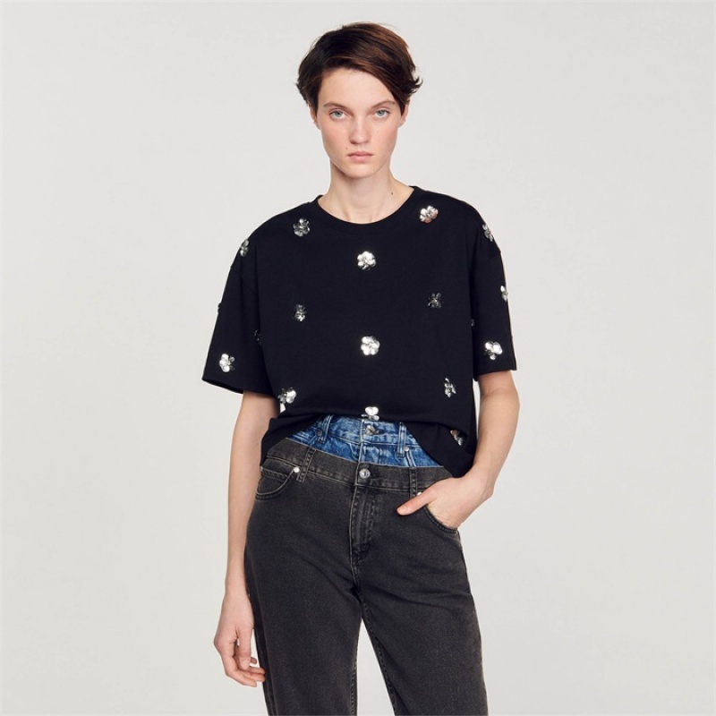 Sandro Flower sequin T-shirt Black | SN-SDO64422