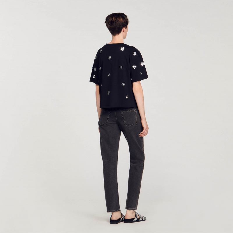 Sandro Flower sequin T-shirt Black | SN-SDO64422