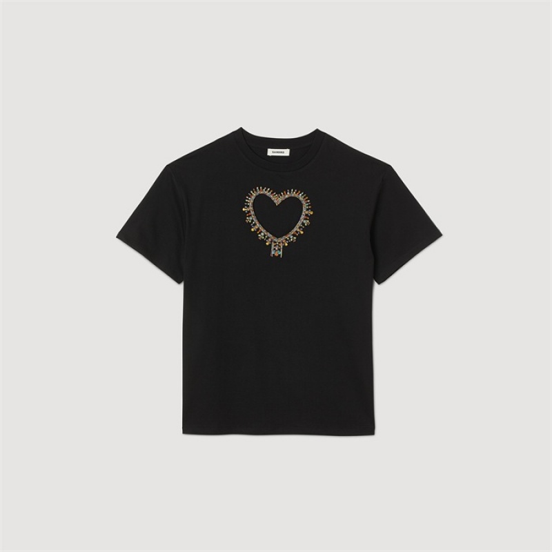 Sandro Heart T-shirt Black | SN-SDO64303