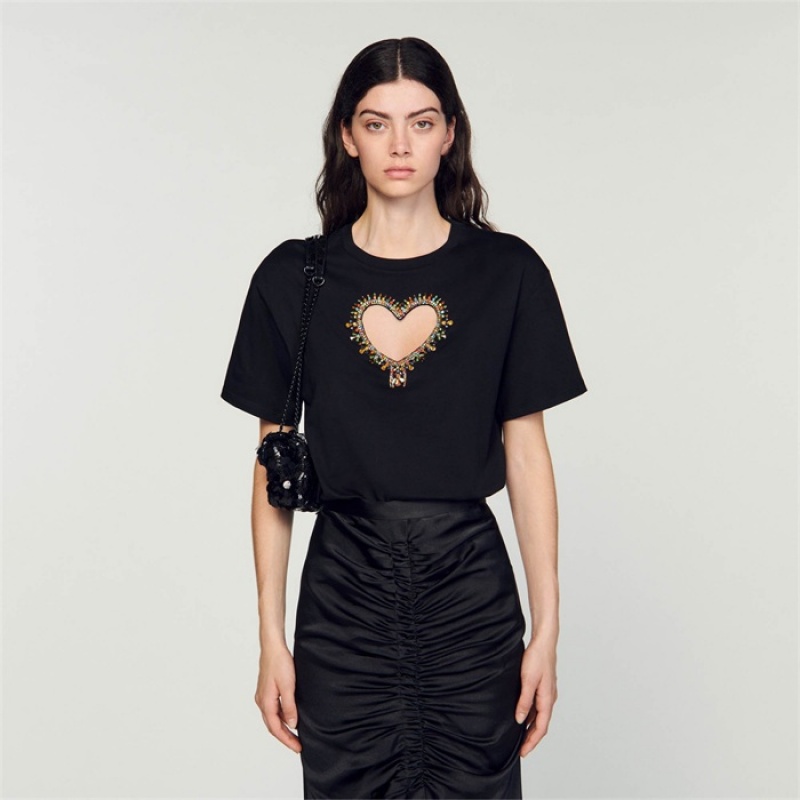 Sandro Heart T-shirt Black | SN-SDO64398