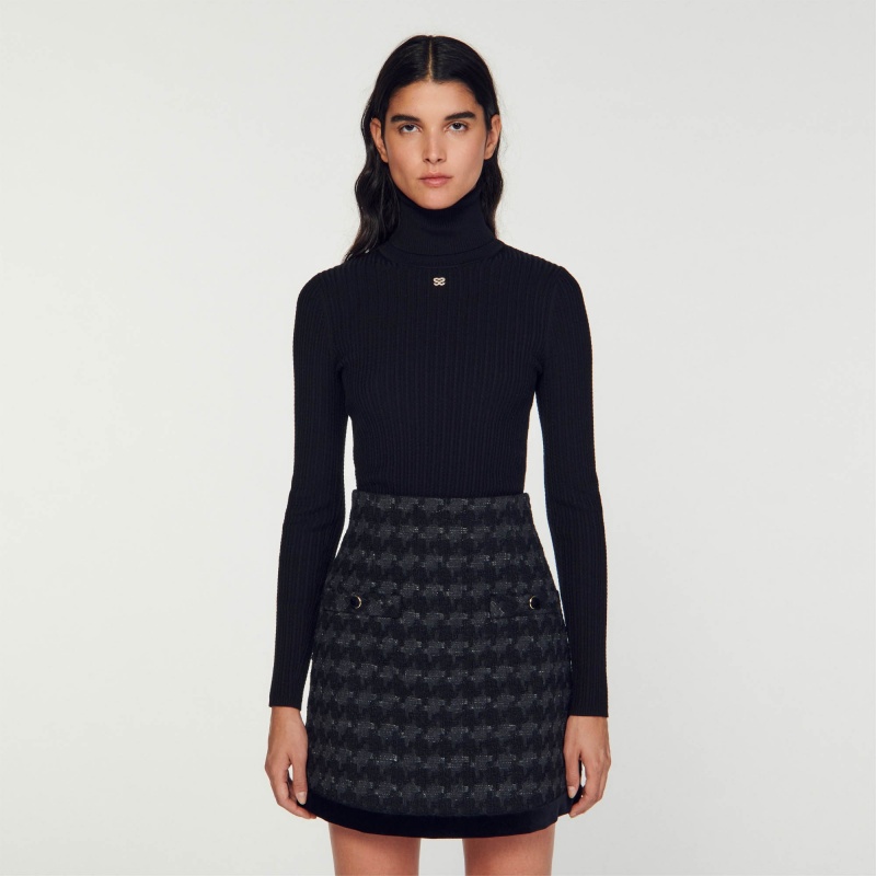 Sandro Houndstooth tweed short skirt Black | SN-SDO64695