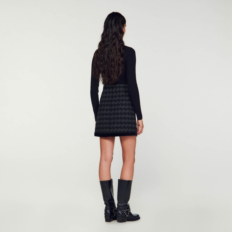 Sandro Houndstooth tweed short skirt Black | SN-SDO64695