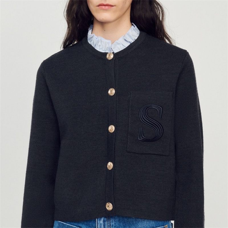 Sandro Knit cardigan with embroidered pocket Charcoal Grey | SN-SDO64620