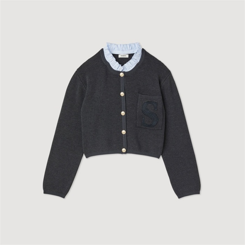 Sandro Knit cardigan with embroidered pocket Charcoal Grey | SN-SDO64620