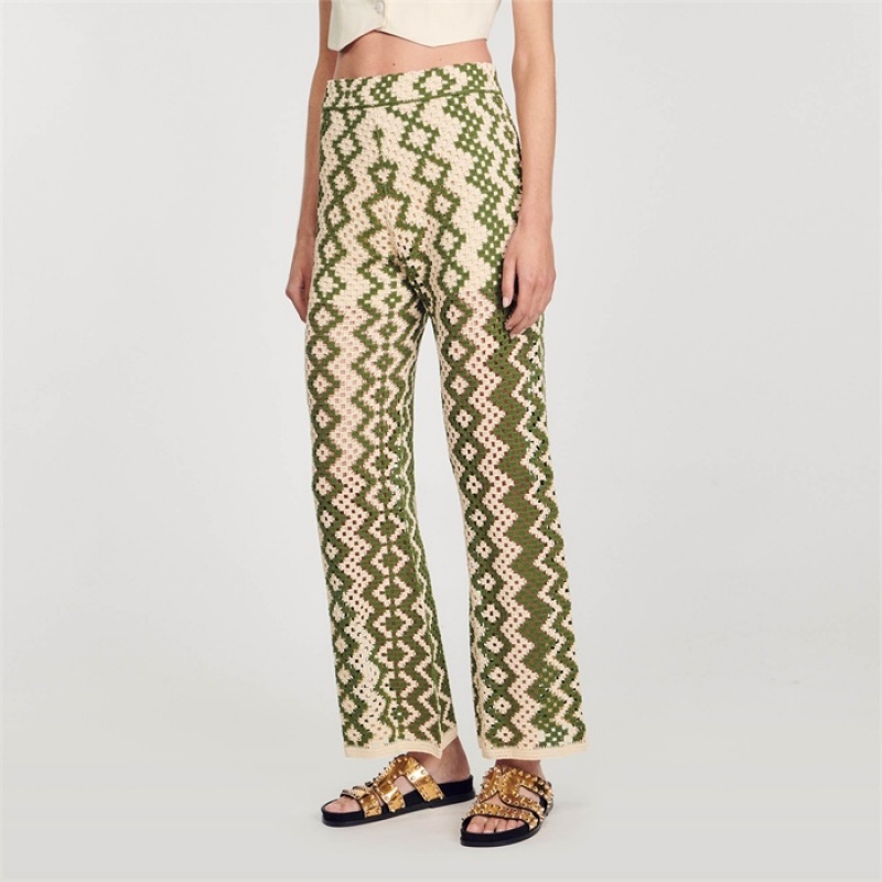 Sandro Knit pants Ecru / Olive Green | SN-SDO64812