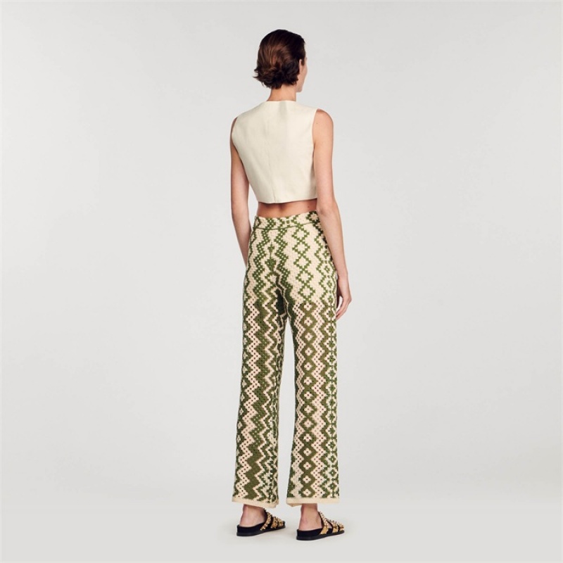 Sandro Knit pants Ecru / Olive Green | SN-SDO64812