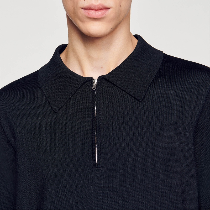 Sandro Knitted polo shirt with zip collar Black | SN-SDO65134