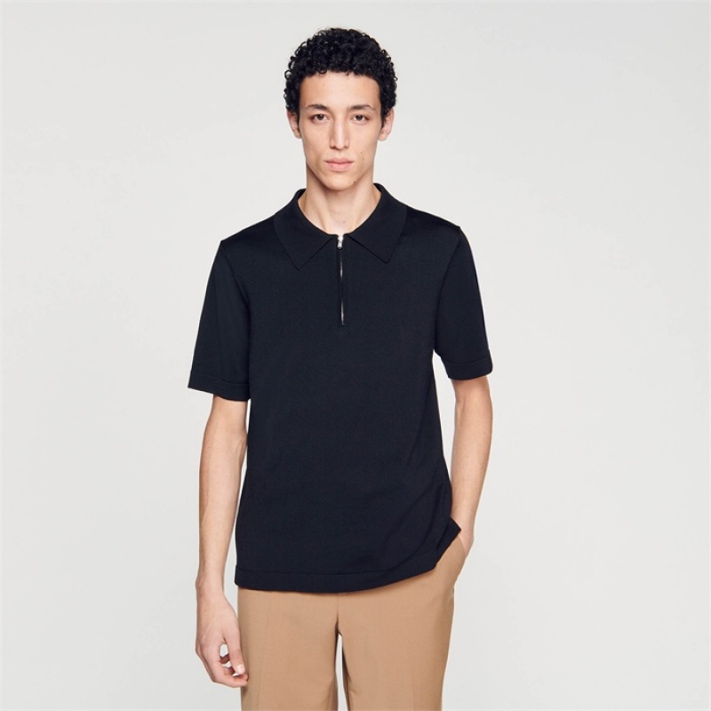 Sandro Knitted polo shirt with zip collar Black | SN-SDO65134