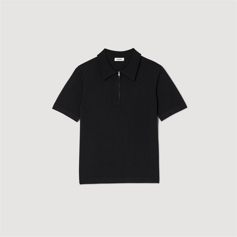 Sandro Knitted polo shirt with zip collar Black | SN-SDO65134