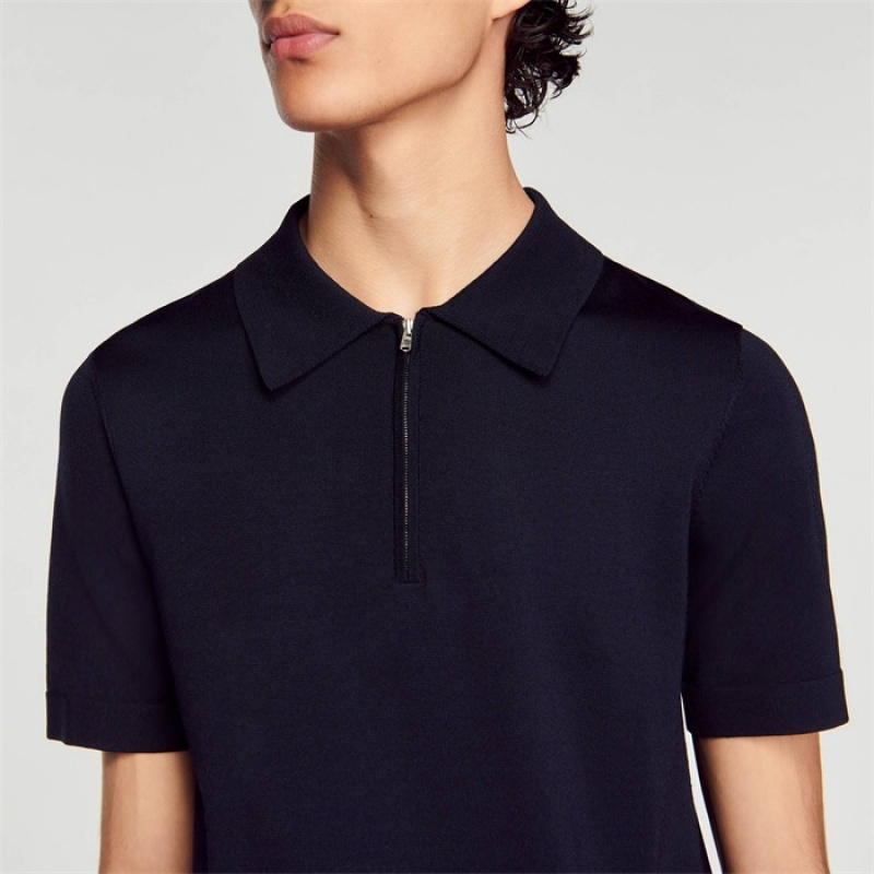 Sandro Knitted polo shirt with zip collar Navy Blue | SN-SDO65135