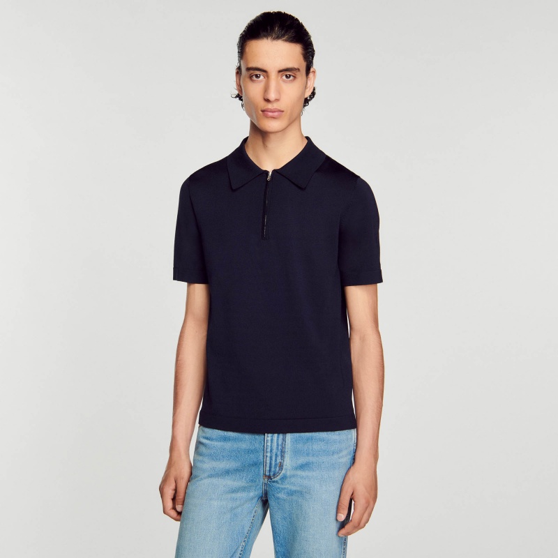 Sandro Knitted polo shirt with zip collar Navy Blue | SN-SDO65135