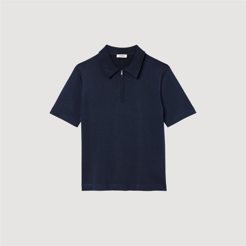 Sandro Knitted polo shirt with zip collar Navy Blue | SN-SDO65135