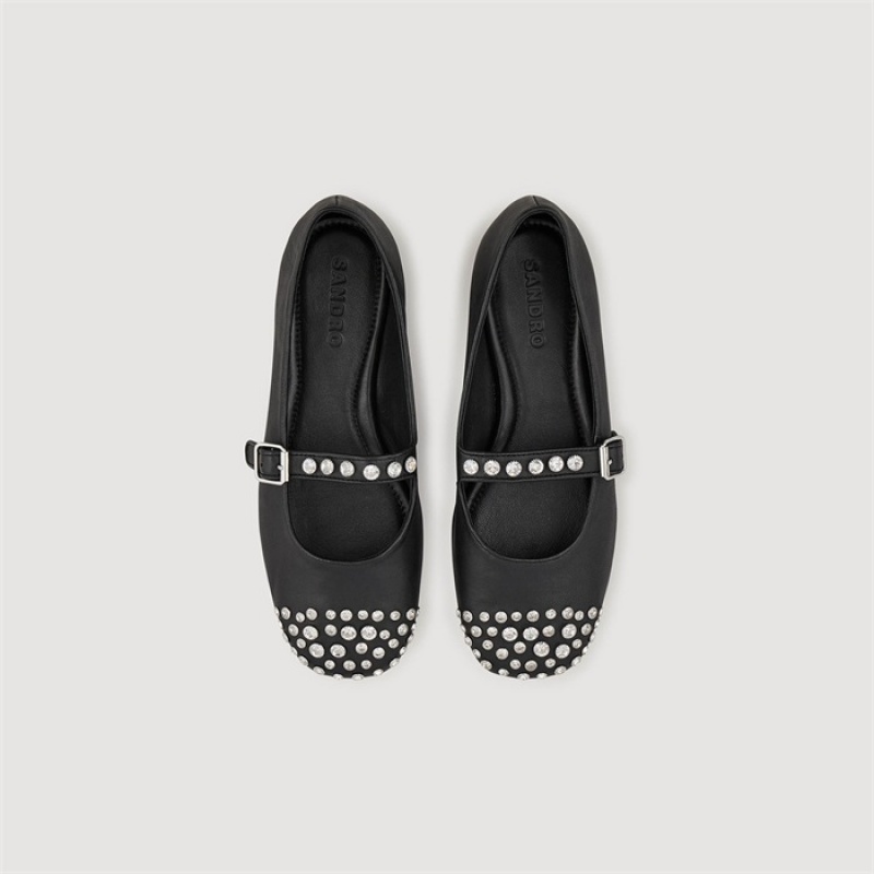 Sandro Leather and rhinestone ballet flats Black | SN-SDO64949