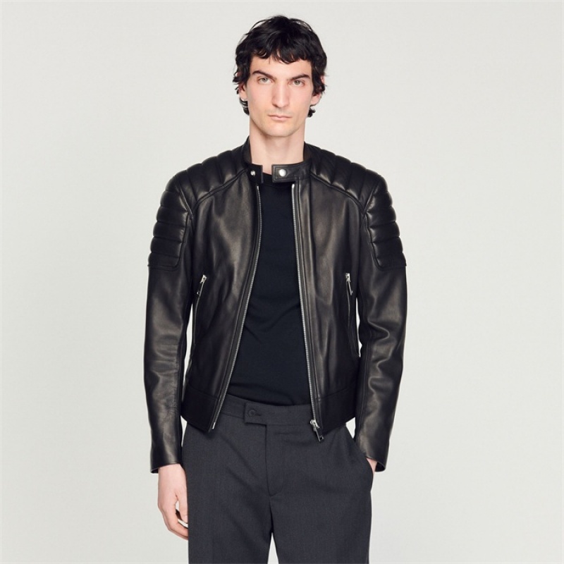 Sandro Leather jacket with quilted trims Black | SN-SDO65147