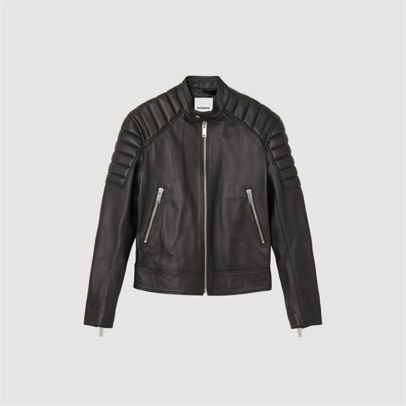 Sandro Leather jacket with quilted trims Black | SN-SDO65147