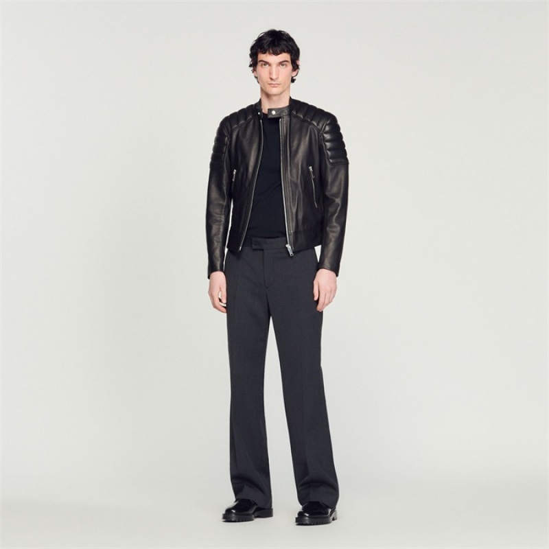 Sandro Leather jacket with quilted trims Black | SN-SDO65147