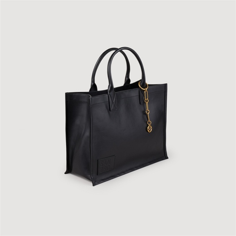 Sandro Leather tote bag with chain jewelry Black | SN-SDO64908