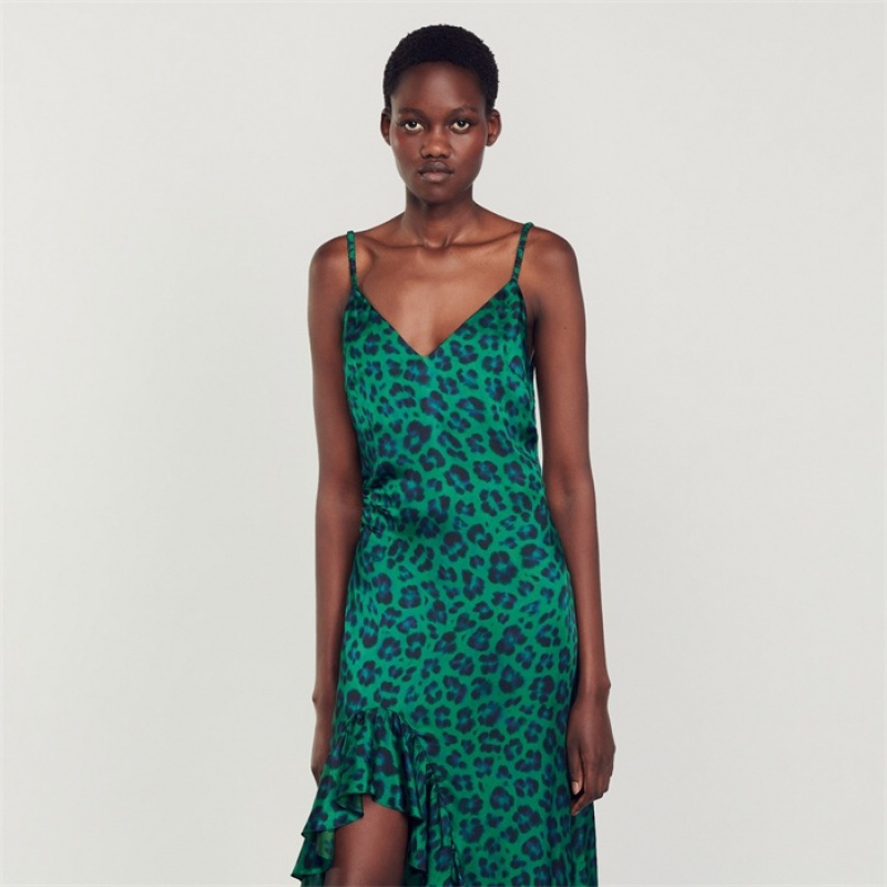 Sandro Leopard print slit dress Green | SN-SDO64193