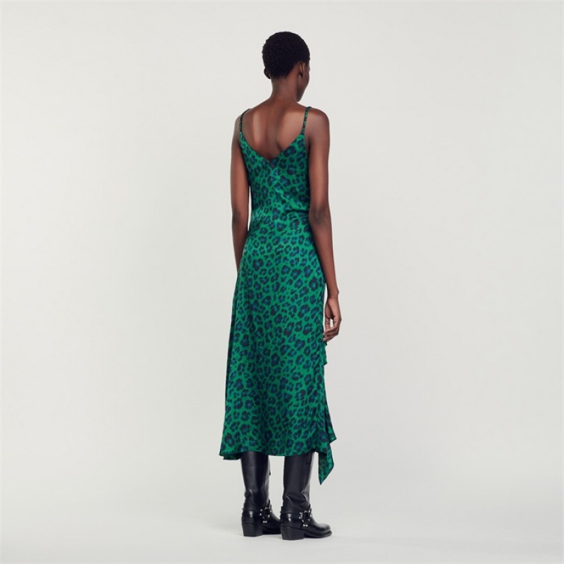 Sandro Leopard print slit dress Green | SN-SDO64193