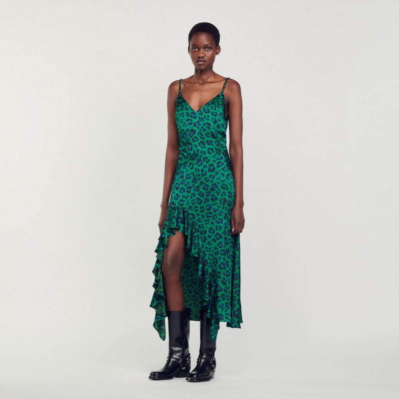 Sandro Leopard print slit dress Green | SN-SDO64193