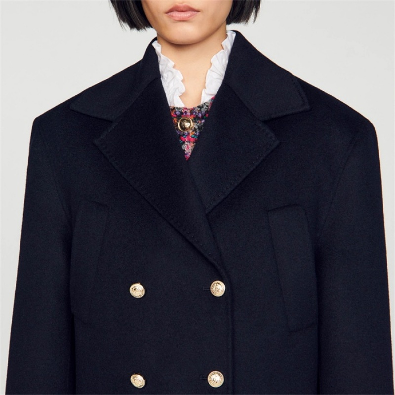 Sandro Long double-breasted coat Navy Blue | SN-SDO64539