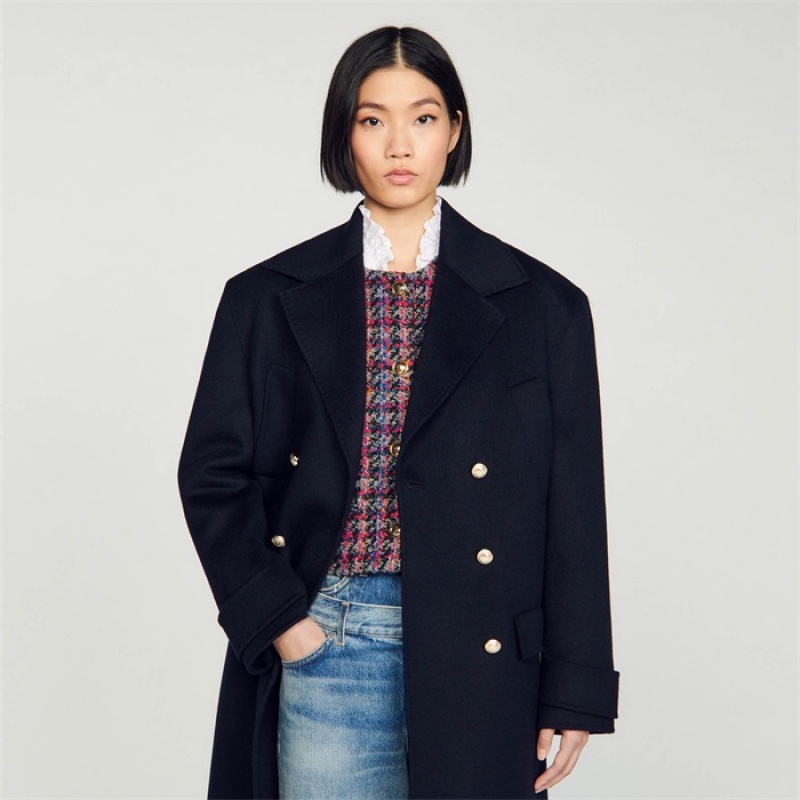 Sandro Long double-breasted coat Navy Blue | SN-SDO64539