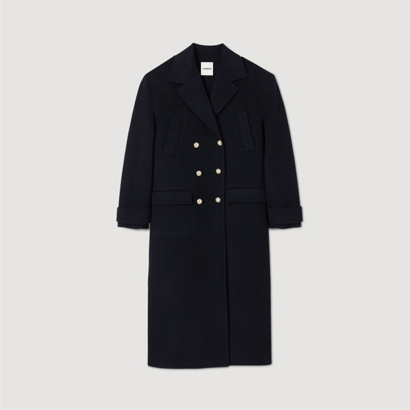 Sandro Long double-breasted coat Navy Blue | SN-SDO64539