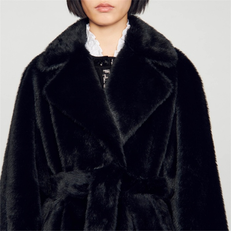 Sandro Long faux fur coat Black | SN-SDO64511