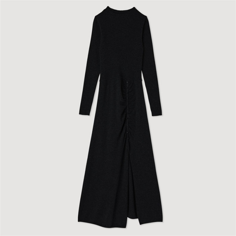 Sandro Long, gathered knit dress Black | SN-SDO64203