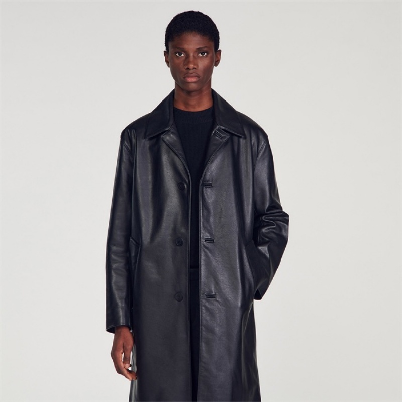 Sandro Long leather coat Black | SN-SDO65141