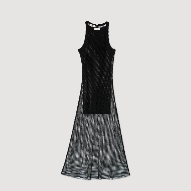 Sandro Long shiny mesh dress Black | SN-SDO64295