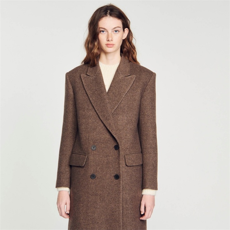 Sandro Long-sleeved button coat Chocolate | SN-SDO64508