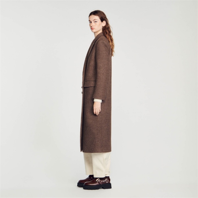 Sandro Long-sleeved button coat Chocolate | SN-SDO64508