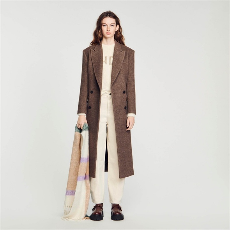 Sandro Long-sleeved button coat Chocolate | SN-SDO64508