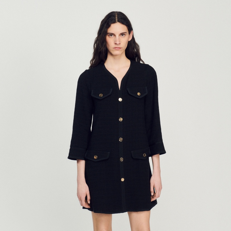 Sandro Long-sleeved short tweed dress Black | SN-SDO64185