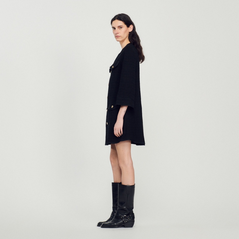 Sandro Long-sleeved short tweed dress Black | SN-SDO64185