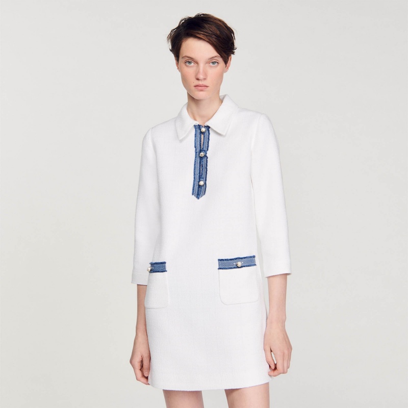 Sandro Long-sleeved short tweed dress White | SN-SDO64288