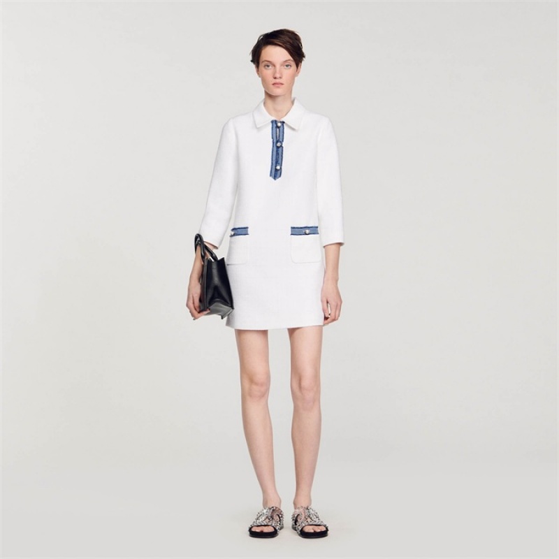 Sandro Long-sleeved short tweed dress White | SN-SDO64288