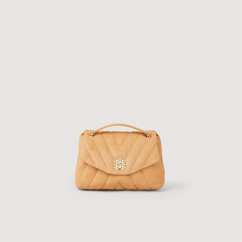 Sandro Mila Quilted suede leather bag Camel | SN-SDO64842