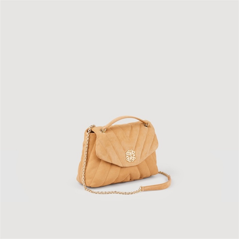 Sandro Mila Quilted suede leather bag Camel | SN-SDO64842