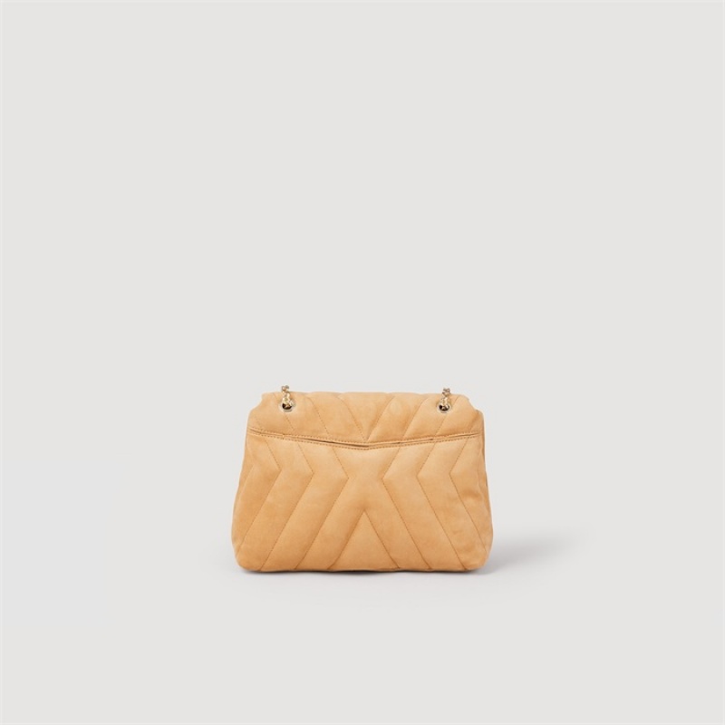 Sandro Mila Quilted suede leather bag Camel | SN-SDO64842