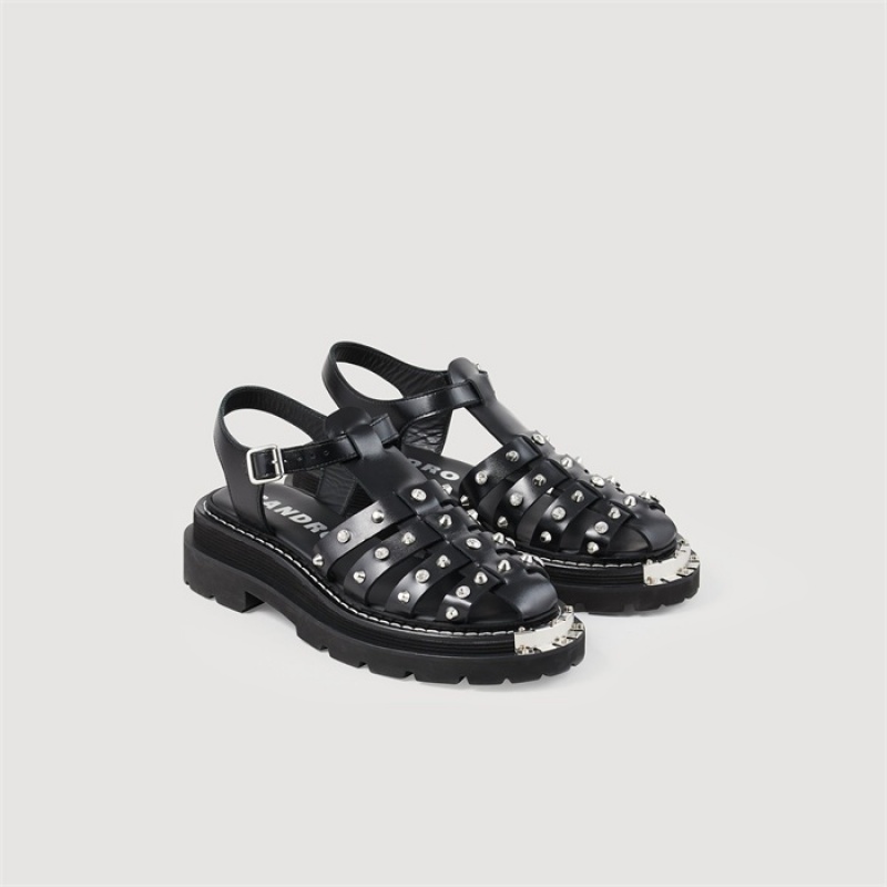 Sandro Olys studded leather sandals Black | SN-SDO64968