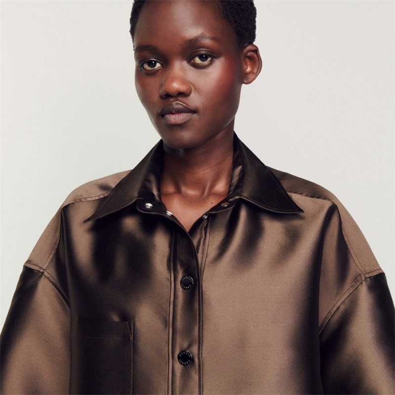 Sandro Oversize satin shirt Brown | SN-SDO64340