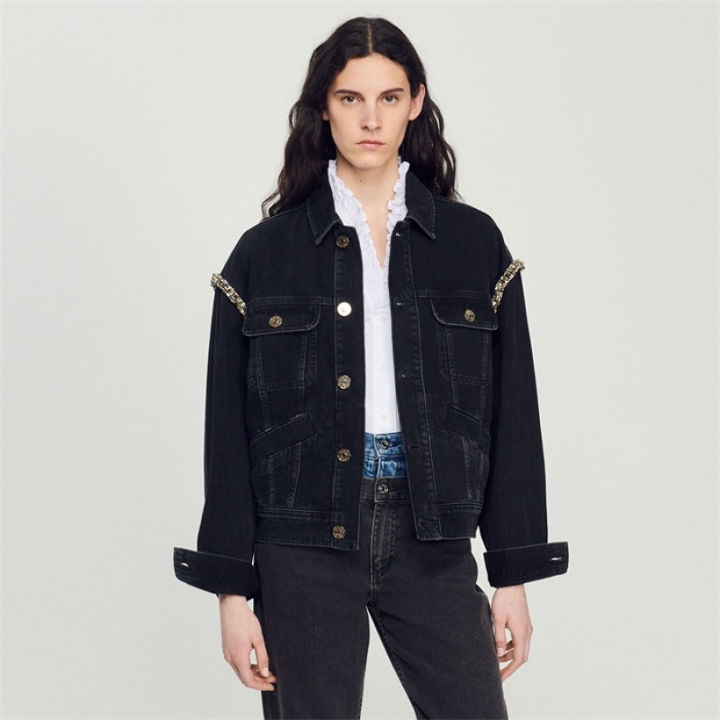 Sandro Oversized denim jacket with rhinestones Black | SN-SDO64465